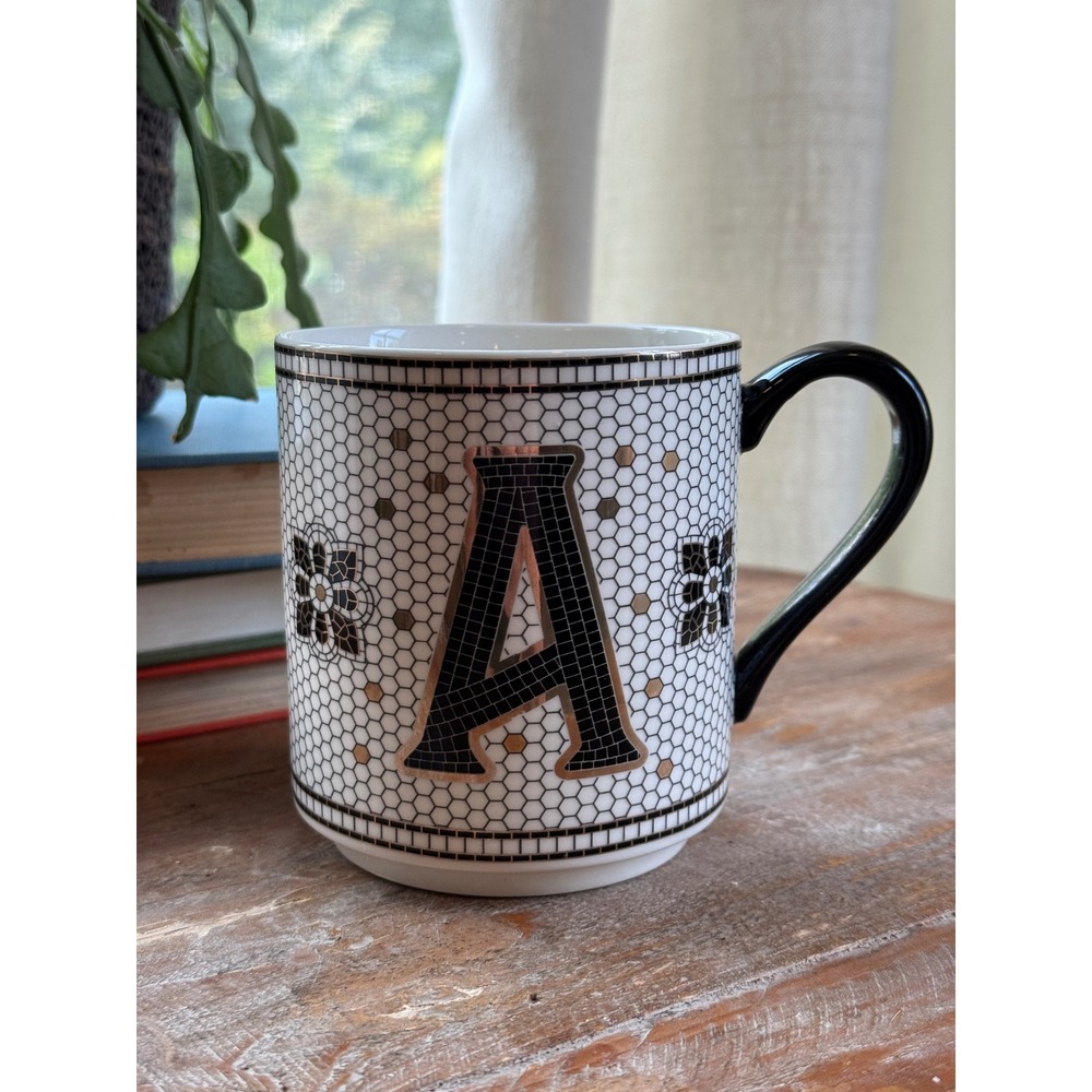 Anthropologie Tiled Margot Monogram Mug Letter A Black White Gold Mosaic Tile
